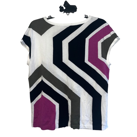Chico's Geometric Intarsia Knit Top Short Sleeve Boat Neck Navy Magenta Size 2 L - Picture 3 of 9